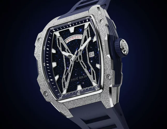 Strieborné pánske hodinky Paul Rich Watch s gumovým pásikom Frosted Astro Day & Date Lunar - Silver / Blue 42,5MM