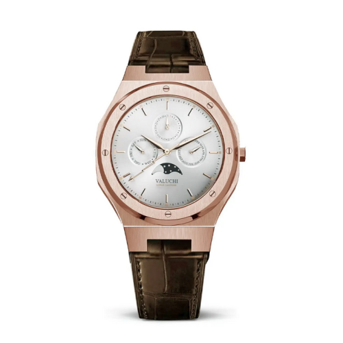 Goldene Herrenuhr Valuchi Watches mit Ledergürtel Lunar Calendar - Rose Gold White Leather 40MM