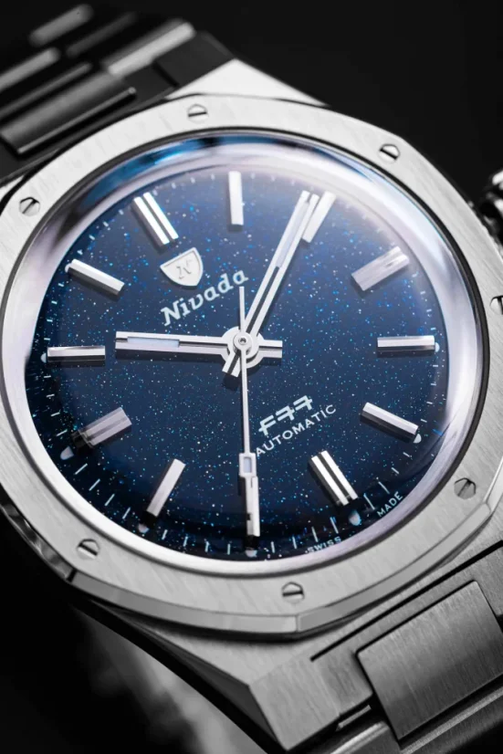Strieborné pánske hodinky Nivada Grenchen s textilným opaskom F77 STAINLESS STEEL DARK BLUE 68010A77-BC 37MM Automatic