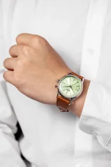 Srebrni muški sat Vulcain s kožnim remenom Cricket President Pistachio Green Steel Case Back - BROWN CALF SKIN LEATHER ALLIGATOR-PRINTED 38MM Automatic