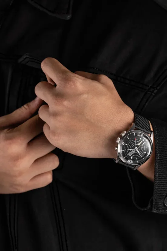 Men's silver Vulcain watch with leather strap Nautical Heritage Black White Luminova Steel Triple Caseback - Brown Plain 42MM Automatic