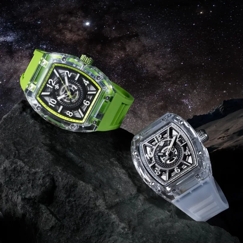 Stříbrné pánské hodinky Ralph Christian s gumovým páskem The Ghost - Transparent White Automatic 43MM