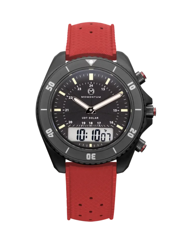 Černé pánské hodinky Momentum s gumovým páskem UDT Black-Ion - Red Tropic Rubber 42MM
