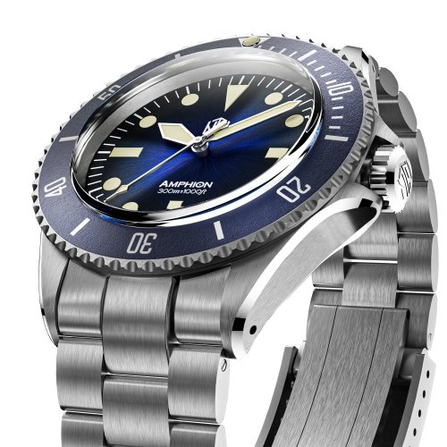 Montre NTH Watches pour homme en argent avec bracelet en acier Amphion Commando No Date - Blue Automatic 40MM