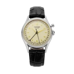 Stříbrné pánské hodinky Vulcain s koženým páskem Cricket Tradition Black Calf Skin leather Alligator-Printed Steel Case Back - Eggshell 36MM Automatic