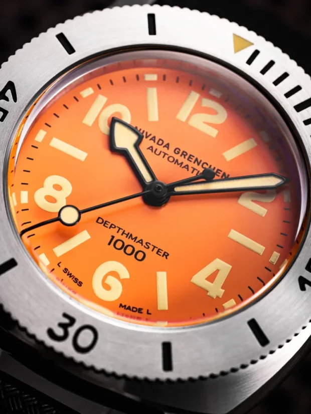 Men's silver Nivada Grenchen watch with leather strap Orange Depthmaster 14127A17 39MM Automatic