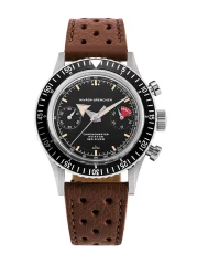 Men's silver Nivada Grenchen watch with leather strap Closed Caseback Chronomaster Broad Arrow Inter.Bezel 86056M23LC 38MM