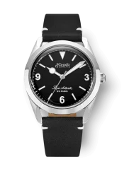 Stříbrné pánské hodinky Nivada Grenchen s koženým páskem Super Antarctic 3.6.9 Black No Vintage Effect 32039A15 38MM Automatic