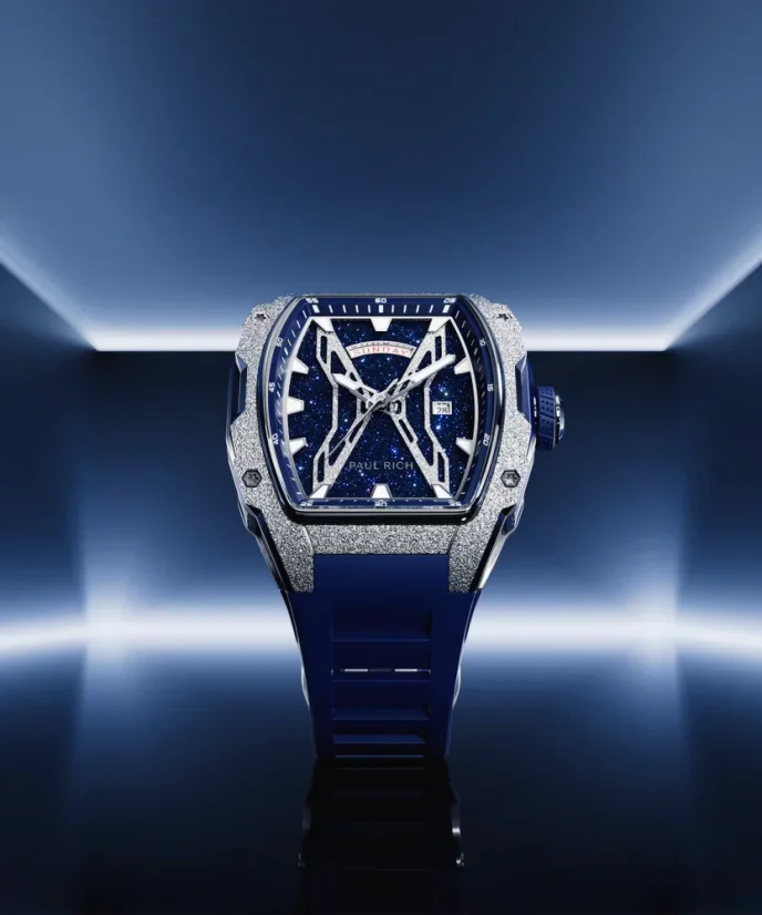 Men's silver Paul Rich Watch with a rubber band Frosted Astro Day & Date Lunar - Silver / Blue 42,5MM