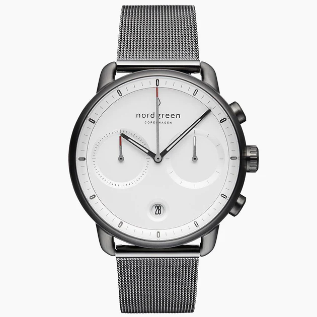 Men's black Nordgreen watch with steel strap Pioneer White Dial - Mesh / Gun Metal 42MM