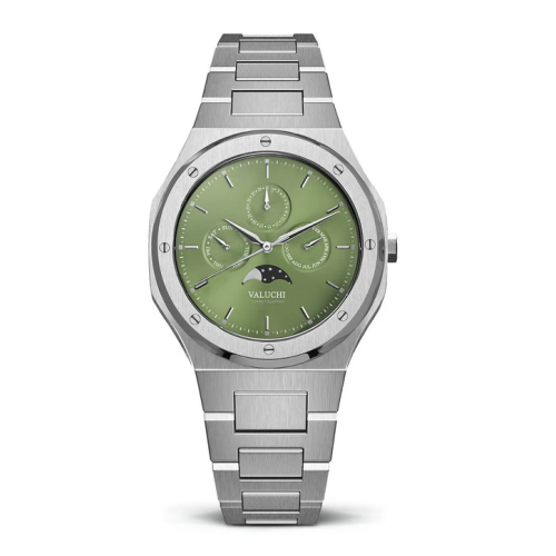 Miesten hopeinen Valuchi Watches -kello teräshihnalla Lunar Calendar - Silver Green Automatic 40MM