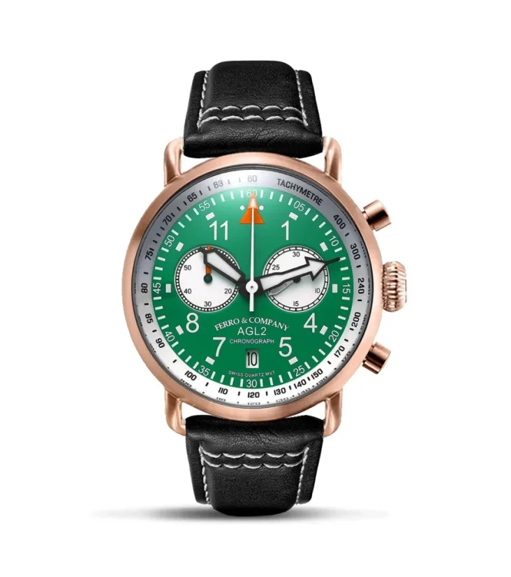 Relógio Ferro & Company ouro para homem com bracelete em pele AGL 2 Chronograph Green / Rose Gold 42MM