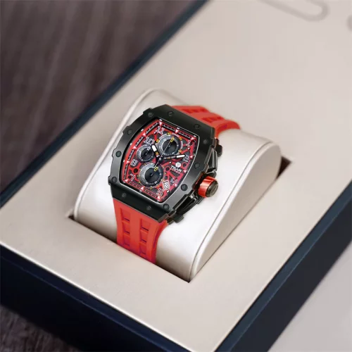 Čierne pánske hodinky Tsar Bomba Watch s gumovým pásikom TB8204Q - Black / Red 43,5MM