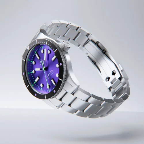 Herrenuhr aus Silber Henryarcher Watches mit Stahlband Nordsø - Cosmic Purple Trinity Grey 40MM Automatic