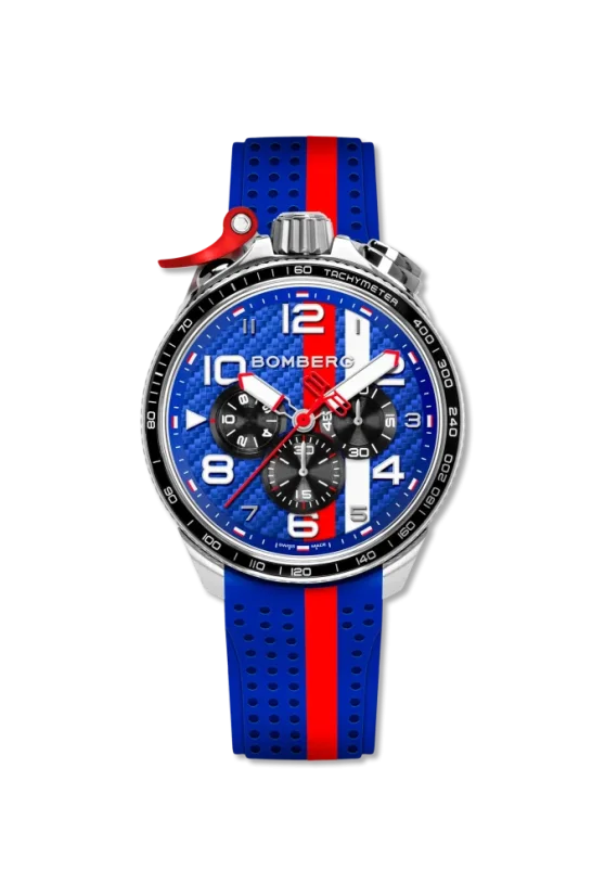 Srebrny zegarek męski Bomberg Watches z gumowym paskiem RACING CARBON ST 45MM