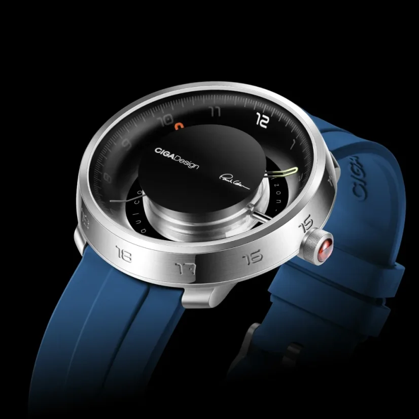 Srebrny zegarek męski CIGA Design z gumowym paskiem Series U Black Hole Steel / Blue 46MM Automatic