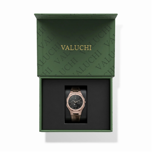 Złoty męski zegarek Valuchi Watches ze skórzanym paskiem Lunar Calendar - Rose Gold Brown Leather 40MM