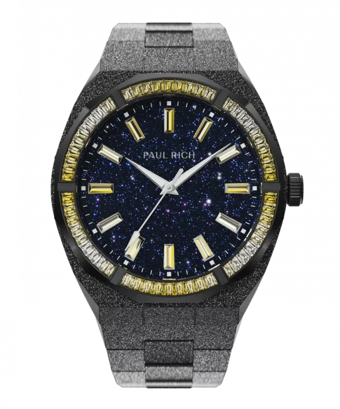 Relógio Paul Rich preto para homem com pulseira de aço Bumblebee Frosted Star Dust - Black 45MM Limited edition