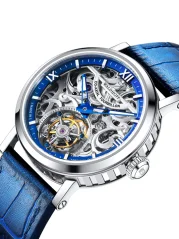 Stříbrné pánské hodinky Waldhoff s koženým páskem Metropolis Royal Blue 41MM Automatic