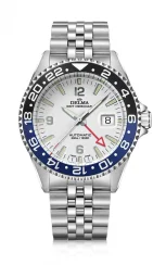 Męski srebrny zegarek Delma Watches ze stalowym paskiem Santiago GMT Meridian Silver / White 43MM Automatic