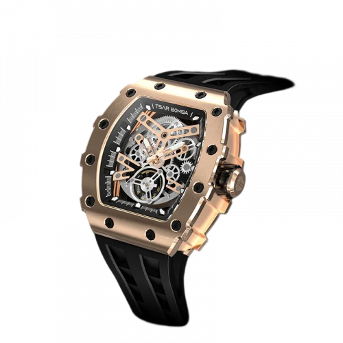 Złoty zegarek męski Tsar Bomba Watch z gumką TB8208A - Gold / Black Automatic 43,5MM