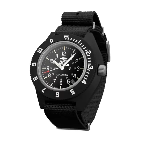 Čierne pánske hodinky Marathon Watches s nylonovým pásikom Official USMC Black Pilot's Navigator with Date 41MM