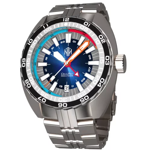 Strieborné pánske hodinky NTH Watches s oceľovým pásikom DevilRay GMT With Date - Silver / Blue Automatic 43MM