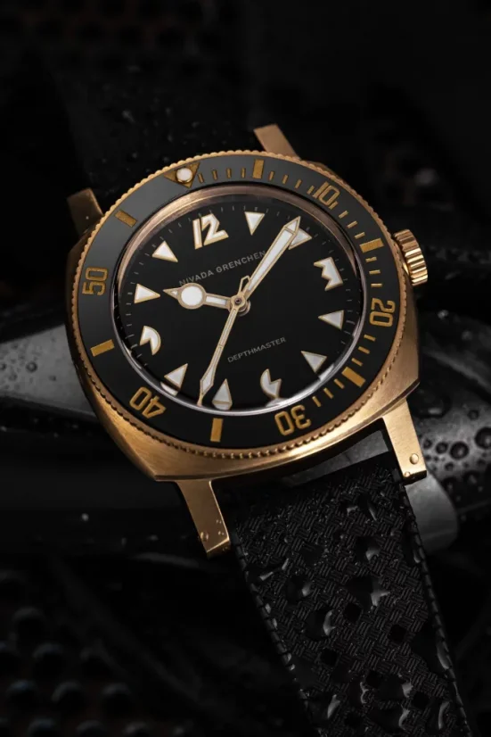 Men's gold Nivada Grenchen watch with leather strap Depthmaster Bronze 14123A16 Black Leather 39MM Automatic