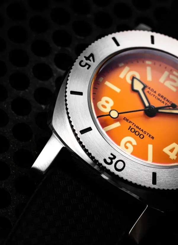 Men's silver Nivada Grenchen watch with leather strap Orange Depthmaster 14127A17 39MM Automatic