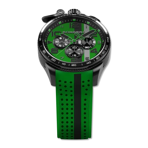 Čierne pánske hodinky Bomberg Watches s gumovým pásikom RACING 4.4 Green 45MM