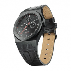 Černé pánské hodinky Valuchi Watches s koženým páskem Lunar Calendar - Gunmetal Black Leather 40MM