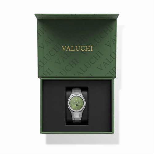 Orologio da uomo Valuchi Watches in argento con cinturino in acciaio Lunar Calendar - Silver Green Automatic 40MM