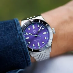 Men's silver Henryarcher watch with steel strap Nordsø - Cosmic Purple Moon Grey 40MM Automatic