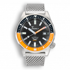 Stříbrné pánské hodinky Squale s ocelovým páskem Matic Satin Orange Mesh - Silver 44MM Automatic