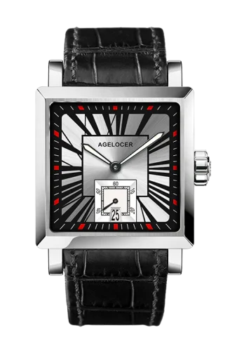 Herenhorloge in zilverkleur van Agelocer Watches met leren band Codex Retro Series Silver / Red 35MM
