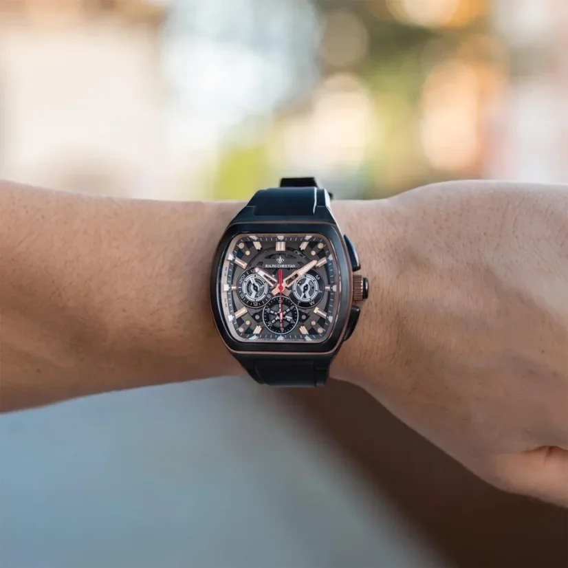 Černé pánské hodinky Ralph Christian s gumovým páskem The Vector Sport Copper Eclipse 47MM