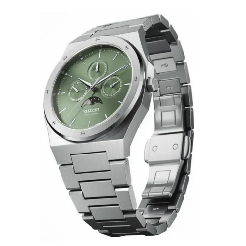 Męski srebrny zegarek Valuchi Watches ze stalowym paskiem Lunar Calendar - Silver Green Automatic 40MM