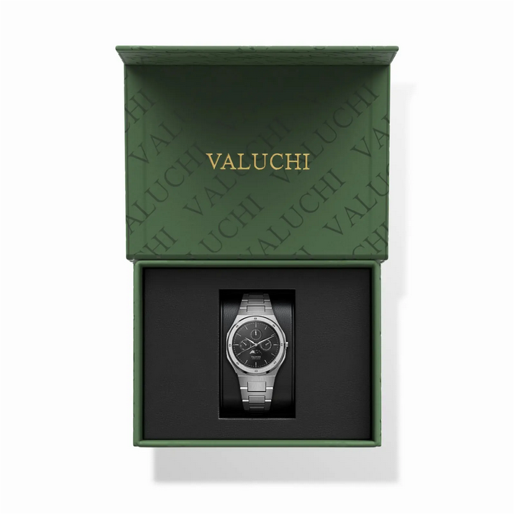 Men's silver Valuchi watch with steel strap Lunar Calendar - Silver Black Automatic 40MM