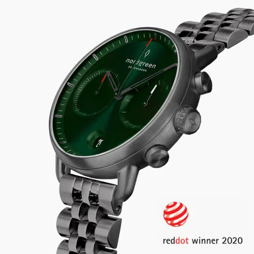 Men's black Nordgreen watch with steel strap Pioneer Green Sunray Dial - 5-Link / Gun Metal 42MM