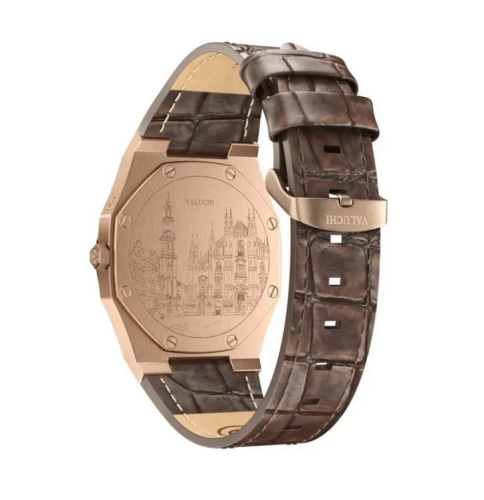 Goldene Herrenuhr Valuchi Watches mit Ledergürtel Lunar Calendar - Rose Gold Brown Leather 40MM