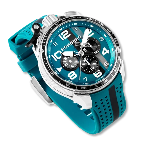 Men's silver Bomberg Watch with rubber strap RACING 4.9 Blue 45MM