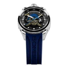 Strieborné pánske hodinky Bomberg Watches s gumovým pásikom PIRATE SKULL BLUE 45MM