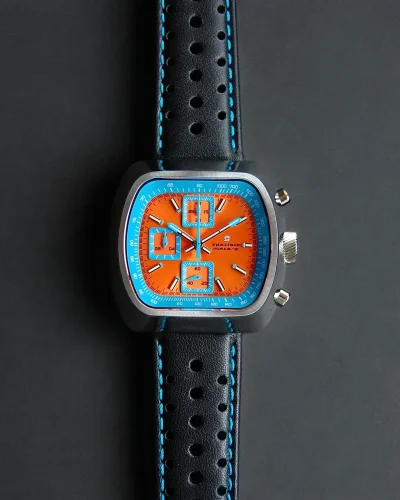 Męski srebrny zegarek Straton Watches ze skórzanym paskiem Speciale Blue / Orange 42MM
