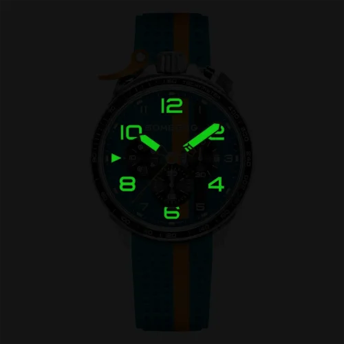 Silberne Herrenuhr Bomberg Watches mit Gummiband RACING 4.2 Blue / Orange 45MM