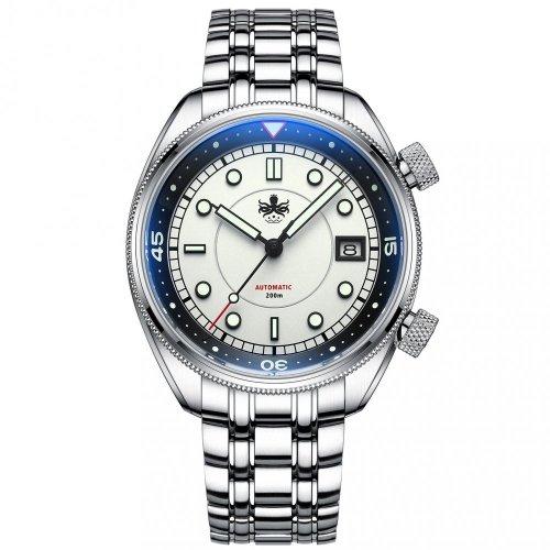 Męski srebrny zegarek Phoibos Watches ze stalowym paskiem Eage Ray 200M - Pastel White Automatic 41MM