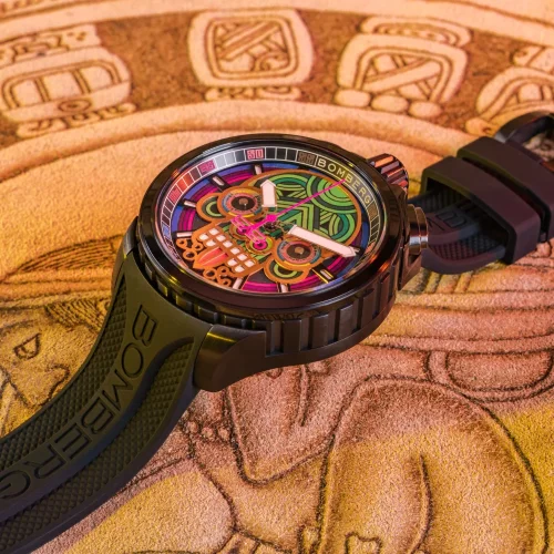 Czarny męski zegarek Bomberg Watches z gumowym paskiem MAYA GREEN 45MM