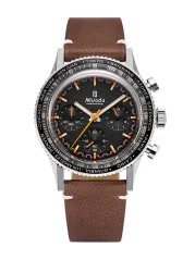 Men's silver Nivada Grenchen watch with leather strap GMT Bezel Chronoking Mecaquartz Inter. Bezel Brown Leather 87042Q14 38MM