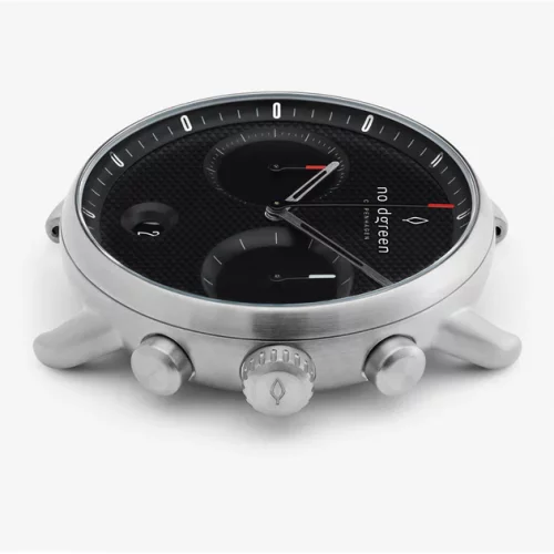 Strieborné pánske hodinky Nordgreen s koženým pásikom Pioneer Textured Black Dial - Black Leather / Silver 42MM