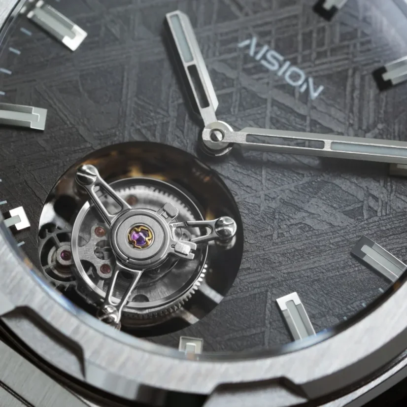 Silberne Herrenuhr Aisiondesign Watches mit Stahlband Tourbillon - Meteorite Dial Gunmetal 41MM