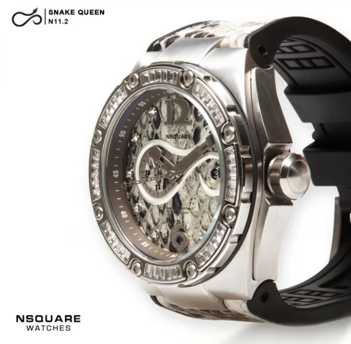 Muški srebrni sat Nsquare s kožnim remenom SnakeQueen White 46MM Automatic